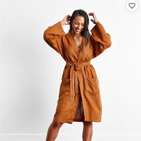 Bed Threads Rust 100% French Flax Linen Classic Robe - Picture 6 of 14